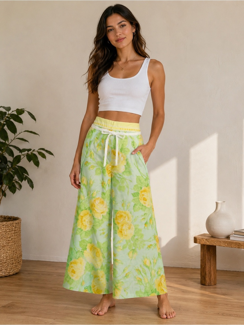 Upcycled 90’s fabric Wide-Leg Floral Print Women's Wrap Pant in Yellow & Green